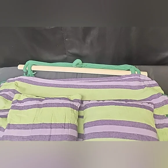 Hammock Hanging Rope Chair Swing Seat Set With 2 Pillows Green And Purple - Picture 6 of 11